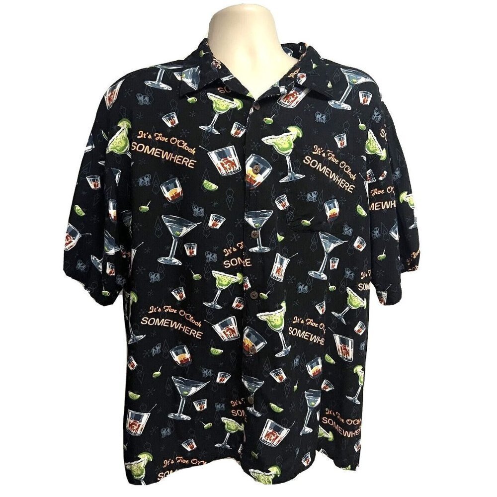 Vintage Big Dogs Men Black Hawaiian Aloha Button Front Shirt XL Pocket Cocktails